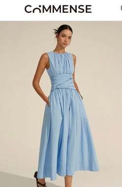Commense Ruched Waist Midi Dress Medium Blue Sleeveless NWT Pockets
